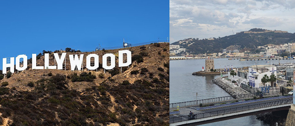 Montaje con las letras de Hollywood y una panorámica de Ceuta.